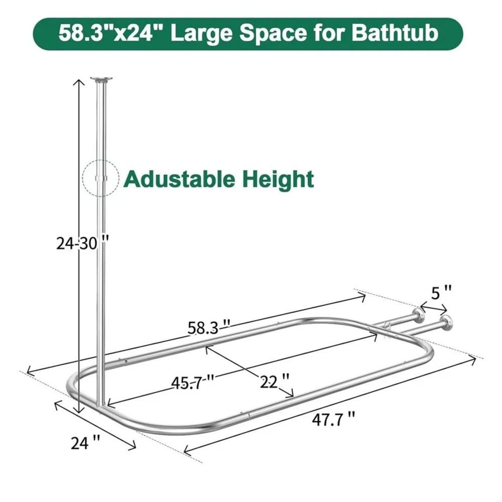 Oval Shower Curtain Rod U Shape Ceiling Mount Chrome‎ Finish Adjustable Height